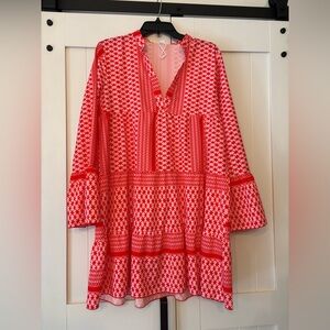 Boho Bell Sleeve Red & White Pinkish Chevron-Style Dress Size Large EUC